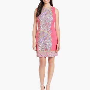 London Times Coral and Lavender Paisley Mini Dress-Petite